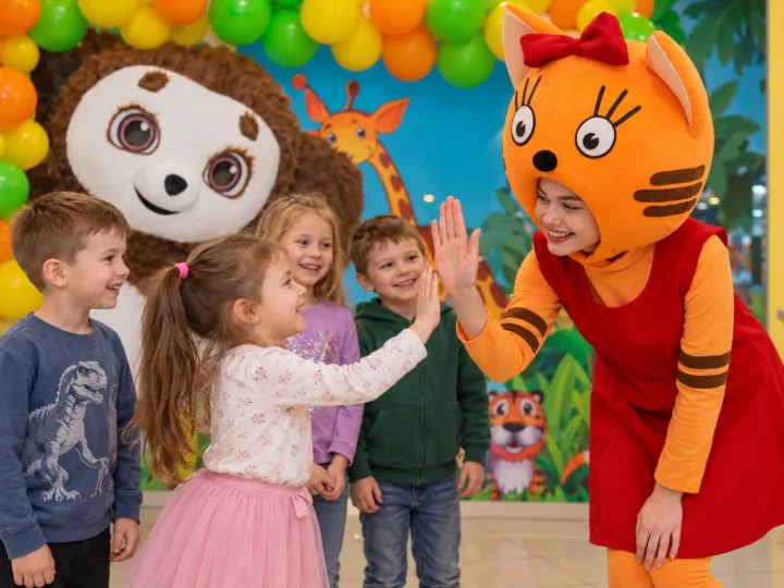 Аниматор играет с детьми на празднике в МАНГО