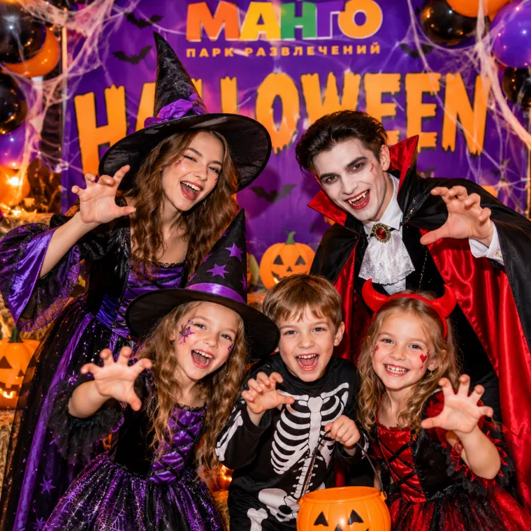 Дети в костюмах и аквагриме на Halloween в МАНГО